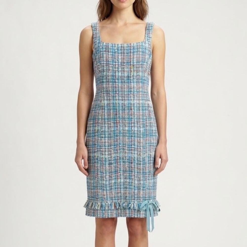 Carlisle Blue Multicolor Tweed Sheath Square Neck Fringe Silk Bow Size 8